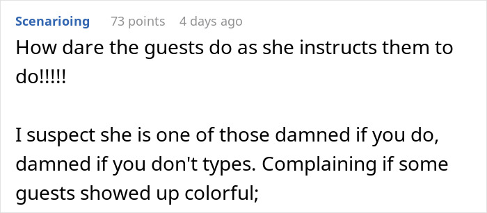Captura de pantalla de un comentario que discute a los invitados después de la solicitud de la novia de usar neutrales, pero molestarla al no usar color.