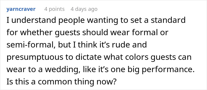 Comente discutir a los invitados que usan neutros versus color en las bodas, destacando la etiqueta alrededor de los códigos y las expectativas de los vestidos.