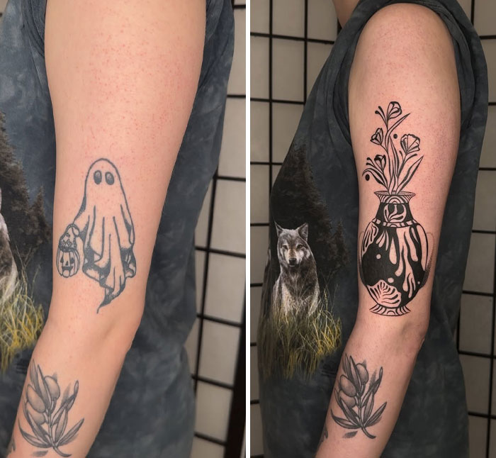 Los encubrimientos del artista del tatuaje se muestran antes y después, transformando un tatuaje fantasma en un diseño de jarrón floral en un brazo.
