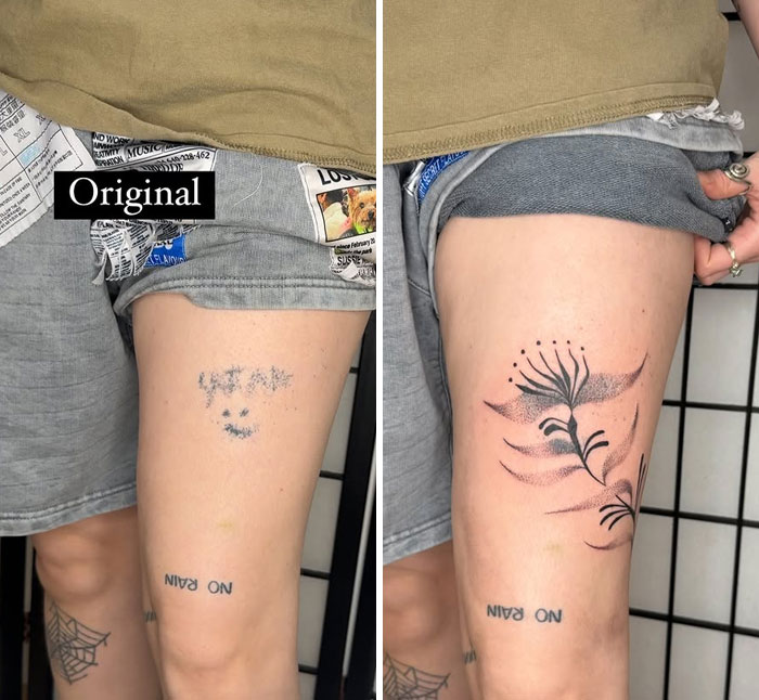 El tatuaje descolorido cubierto con un nuevo diseño floral detallado por un artista de tatuajes que muestra encubrimientos virales.