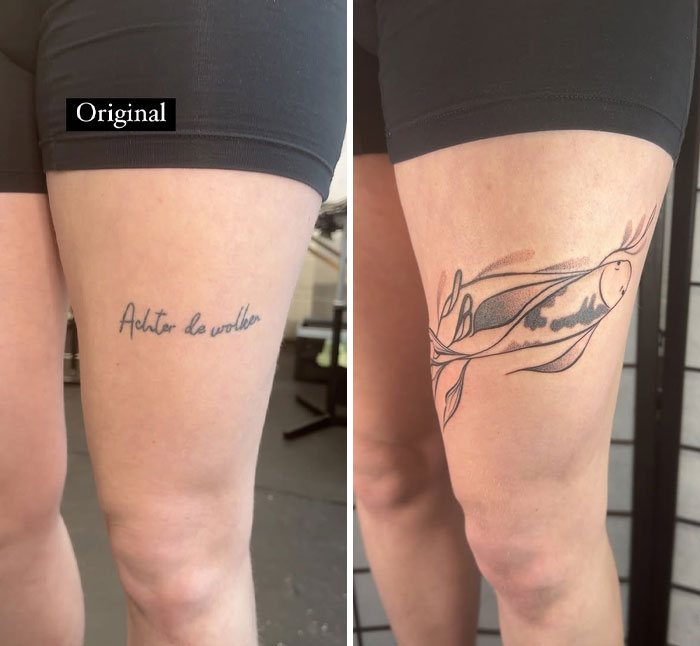 Antes y después del encubrimiento del tatuaje en el muslo por el artista de tatuajes, mostrando encubrimientos de tatuajes creativos virales y arte.