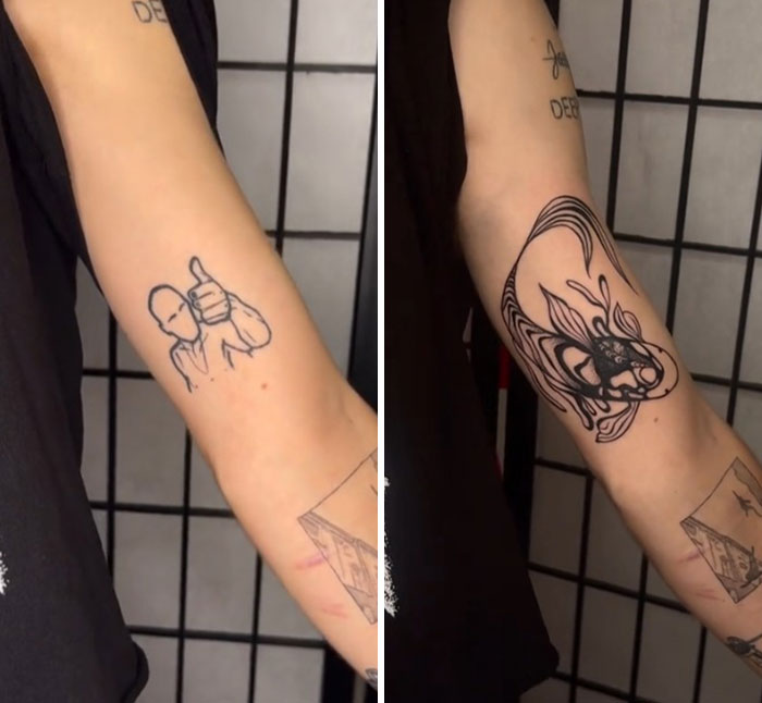 Transformación de encubrimiento del artista del tatuaje en el brazo que muestra un diseño detallado de tinta negra que reemplaza el tatuaje de contorno simple.