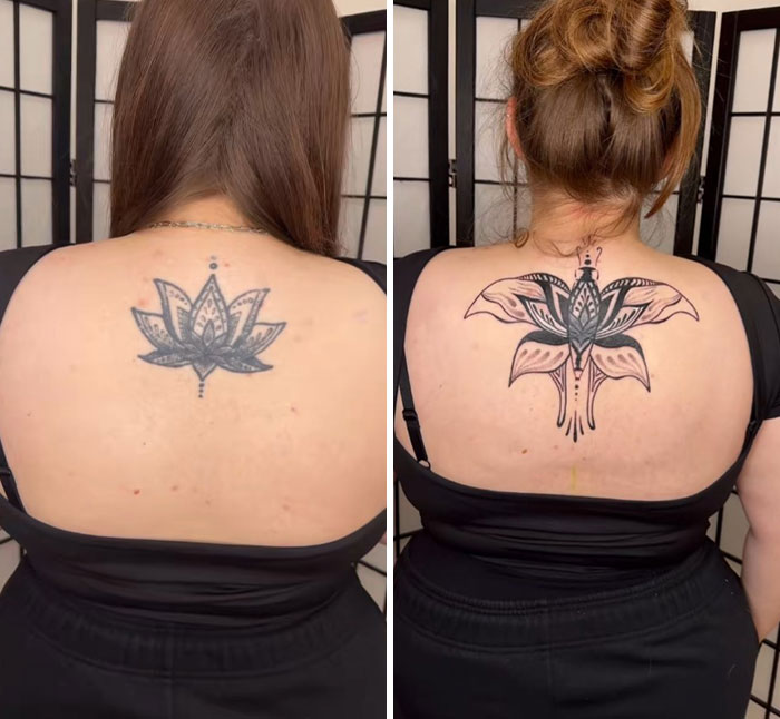 Fotos de antes y después que muestran el trabajo de encubrimiento detallado de un artista de tatuajes que mejora un diseño de tatuaje de espalda.