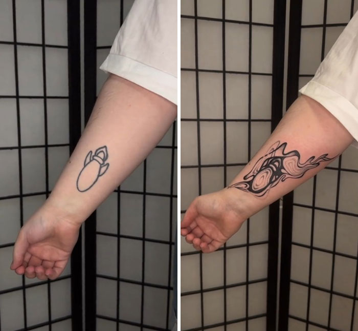 Las imágenes antes y después que muestran los encubrimientos de un artista del tatuaje que transforman un tatuaje simple con diseños artísticos virales.