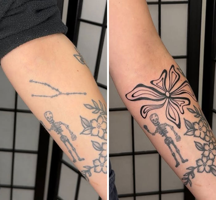 El encubrimiento del tatuaje del brazo muestra la transformación de líneas simples a un diseño floral audaz por un artista hábil tatuaje.
