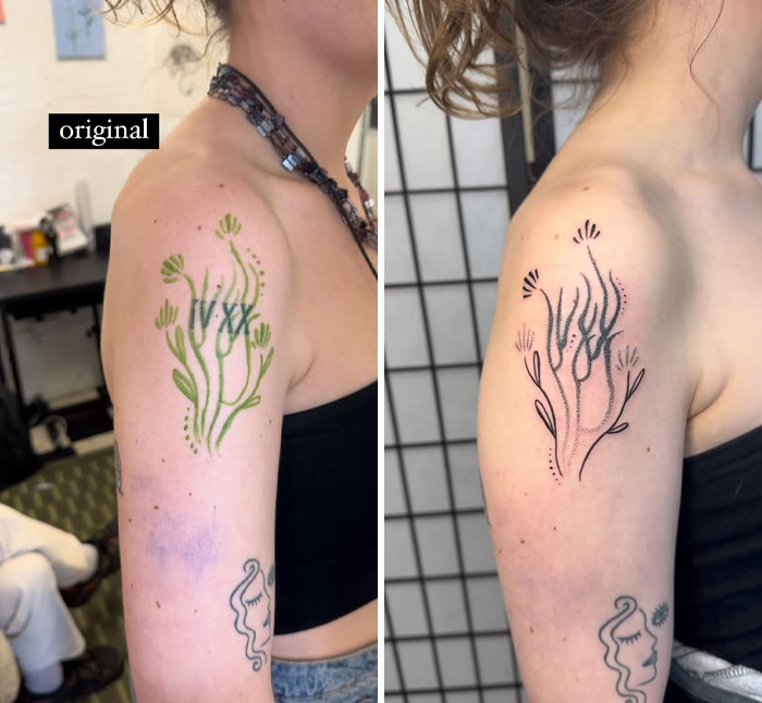 Trabajo de arte de encubrimiento del artista del tatuaje que transforma un tatuaje verde descolorido en un diseño detallado de tinta negra en la parte superior del brazo.