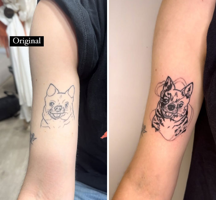 Antes y después de imágenes del trabajo de encubrimiento de un artista del tatuaje que transforma un tatuaje para perros con sombreado detallado de tinta negra.