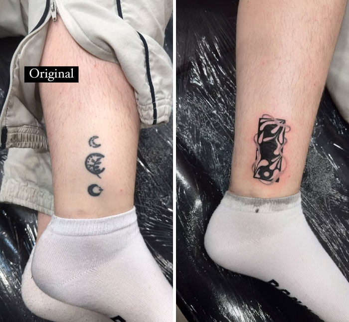 Imágenes de lado a lado de una pierna que muestra el encubrimiento de un artista de tatuajes que transforma la tinta vieja en un nuevo diseño abstracto.