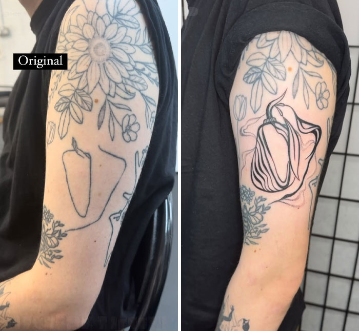 Transformación de encubrimiento del artista del tatuaje en el brazo con diseños florales y abstractos, mostrando magia de arte del tatuaje viral.