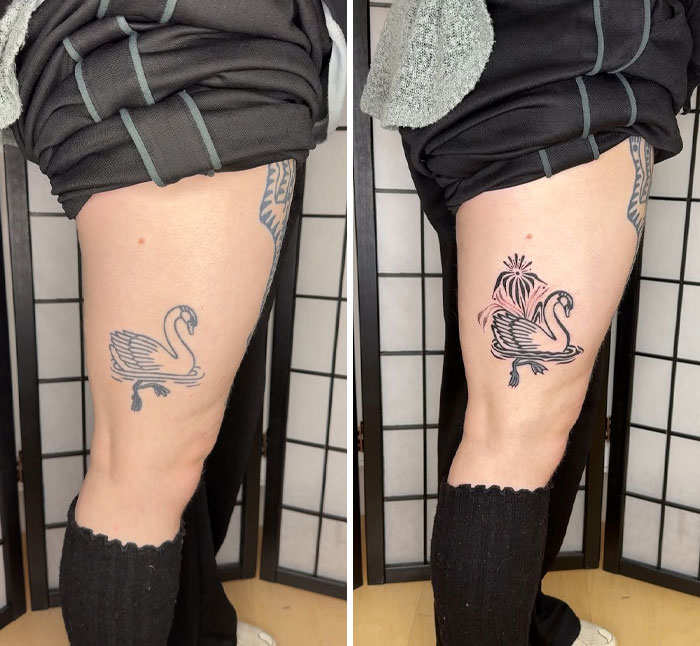 Antes y después del encubrimiento de un artista de tatuajes en una pierna, mostrando una transformación detallada del diseño de cisne.