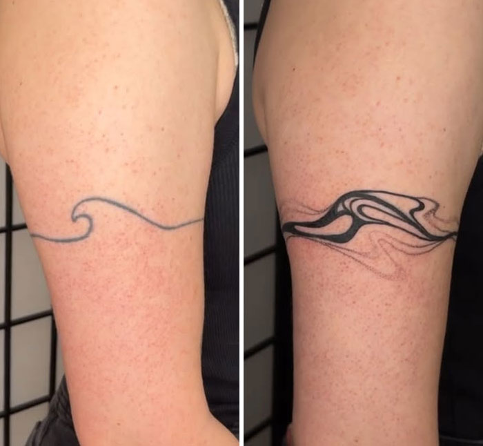 Antes y después de imágenes de los encubrimientos de un artista de tatuajes que transforman una línea simple en un intrincado diseño de tinta negra.