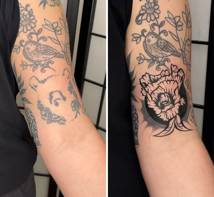 Los encubrimientos del artista del tatuaje que transforman la tinta desvaída en un diseño floral audaz, mostrando un impresionante arte de encubrimiento de tatuajes en el antebrazo.
