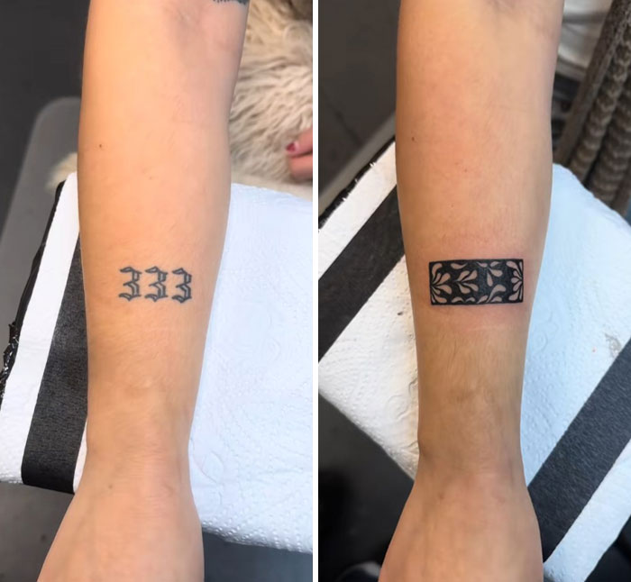 Brazo que muestra la transformación de encubrimiento de tatuajes con un diseño estampado oscuro, destacando el trabajo viral de los encubrimientos del artista del tatuaje.