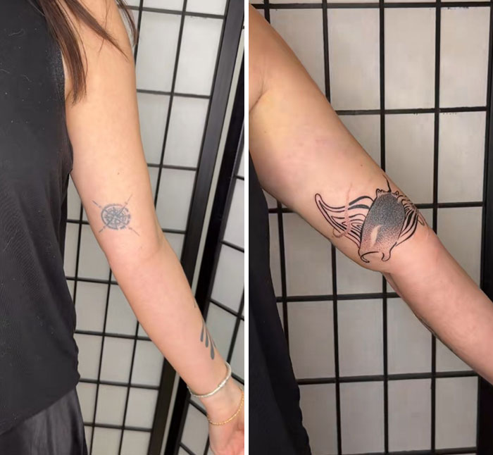 Antes y después de imágenes de los encubrimientos de un artista de tatuajes que muestran transformaciones de tatuajes creativos y virales en el brazo de una persona.