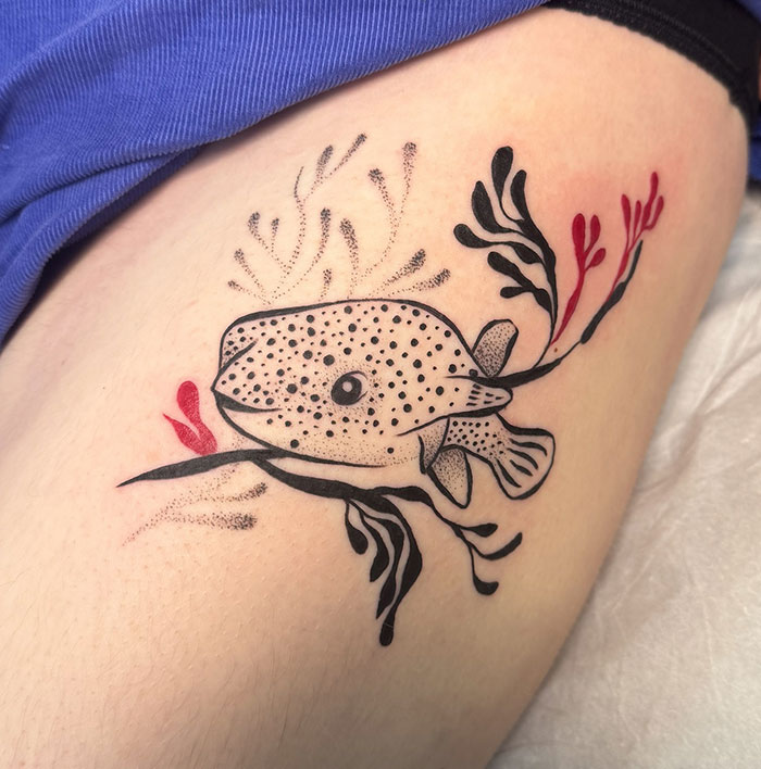 Cubra de tatuajes de pescado minimalista con tinta negra y roja en la piel, mostrando los encubrimientos de tatuajes del artista que ganan atención viral.