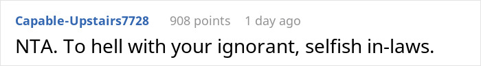 Captura de pantalla de un comentario en línea criticando suegros por llamar a una novia egocéntrica sobre la disputa de sobrino autista.