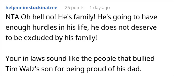 Comentario discutiendo a la novia llamada mocoso egocéntrico de los padres del novio por no excluir el sobrino autista del evento familiar.