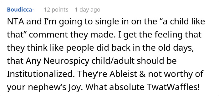 Captura de pantalla de un comentario en línea que discute una novia llamada mocosa egocéntrica por los padres del novio sobre los problemas de sobrino autista.