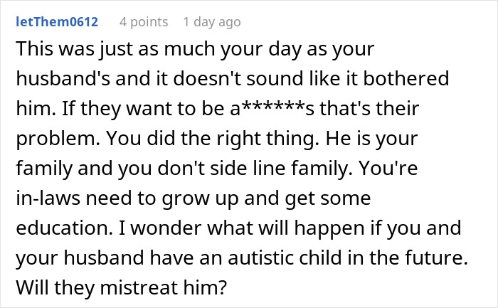 Comentario apoyando a la novia que se enfrenta a los padres de los novios sobre sobrino autista, destacando el conflicto familiar y la aceptación.