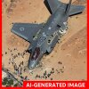 Una imagen generada por IA de un avión de combate se disparó en el desierto con docenas de personas caminando hacia el frente del avión.