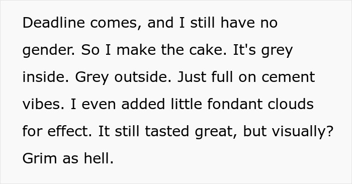 Envíe un mensaje de texto sobre un pastel gris con vibraciones de cemento que sabe muy bien pero se ve sombrío ante una fiesta de revelación de género.