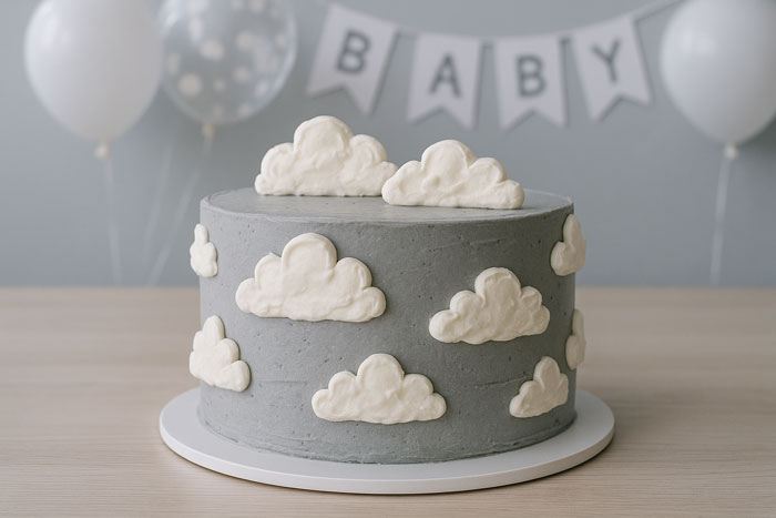 Pastel gris decorado con nubes blancas en una fiesta de revelación de género con globos y pancarta de bebé en el fondo
