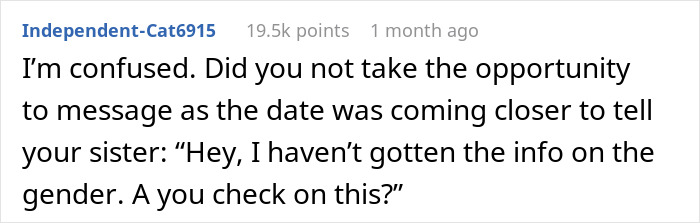 Captura de pantalla de un comentario en el foro discutiendo una fiesta de revelación de género donde un pastel gris causó decepción.