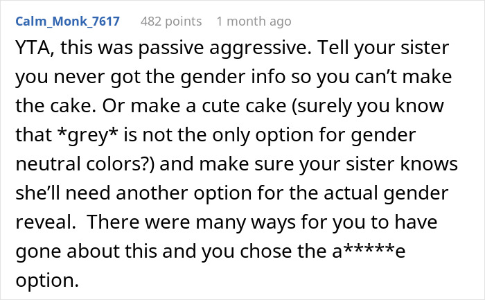 Comente criticar la elección de Gray Cake en Gender Reveling Party, culpando a la hermana embarazada por la situación.