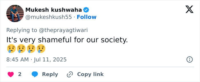 Tweet de Mukesh Kushwaha expresando vergüenza sobre la controversia del ego masculino que involucra el tiroteo fatal de Tennis Pro de 25 años.