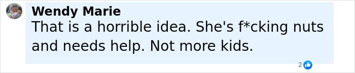 Captura de pantalla de un comentario de Facebook de Wendy Marie expresando una opinión negativa sobre Britney Spears adoptando a una niña.
