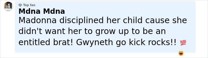 Captura de pantalla de un comentario en las redes sociales que menciona a Gwyneth Paltrow y Madonna en un acalorado mensaje sobre su amistad.