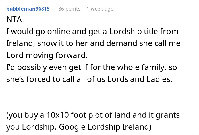 Reddit Comment sugiriendo que obtener un título de señorío respondiera a la tía con PhD esperando que la familia llame a su médico.