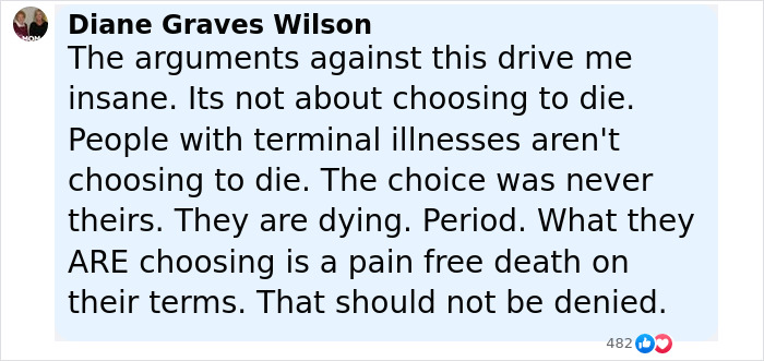 Comentario de Diane Graves Wilson discutiendo la muerte y la elección sin dolor, reflexionando sobre el silencio del grupo de apoyo después de que la mujer terminó la vida de hambre.