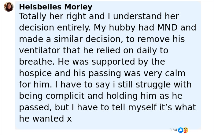 Comentario de Helsbelles Morley discutiendo la reacción del grupo de apoyo después de que Woman terminó su propia vida muriendo de hambre.