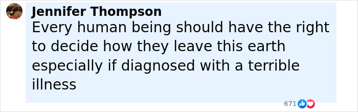 Comentario de Facebook de Jennifer Thompson expresando opiniones sobre el derecho a decidir cómo dejar la vida, relacionado con la discusión grupal de apoyo.