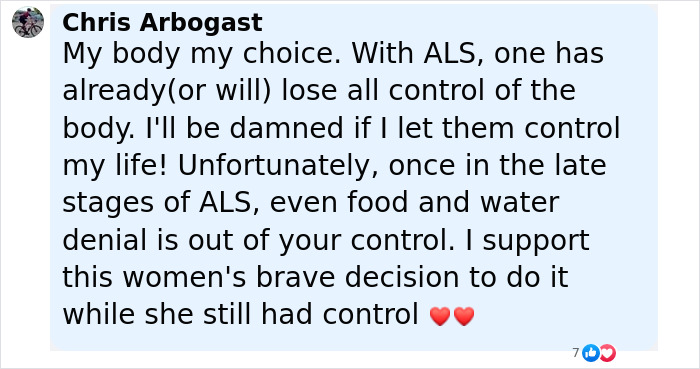 Comentario de Chris Arbogast apoyando la valiente decisión de una mujer de poner fin a su vida de hambre en medio de la progresión.