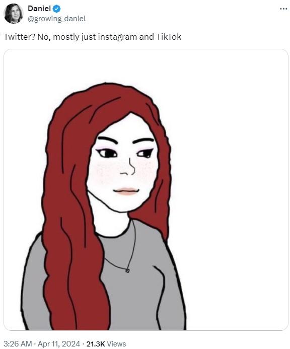 Daniel @growing_daniel Twitter? No, sobre todo solo Instagram y Tiktok 3:26 AM - 11 de abril de 2024 21.3k Vistas ...