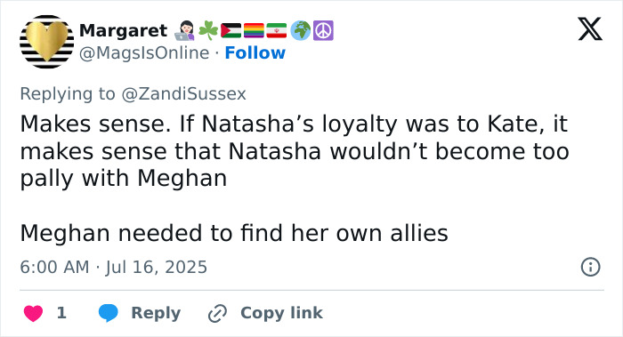 Tweet discutiendo el sutil jab de Kate Middleton en Meghan Markle y Loyalty Dynamics antes de renunciar.