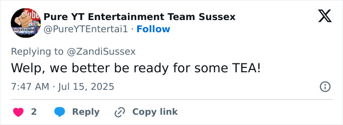 Tweet del equipo de entretenimiento Pure YT Sussex expresando emoción por el próximo drama, relacionado con el ex jab asistido de Kate Middleton en Meghan Markle.