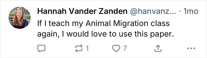 Tweet de Hannah Vander Zanden mencionando la enseñanza de una clase de migración de animales e interés en usar un documento específico para ello.