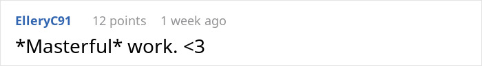 Captura de pantalla de un comentario de Reddit alabando un trabajo magistral compartiendo una historia sobre una mujer que crea un desastre en la casa de Sil.
