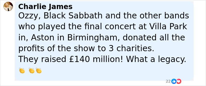 Comente sobre Ozzy, Black Sabbath y Final Concert Charity Donations, destacando a Sharon Osbourne haciendo realidad el último deseo de Ozzy.