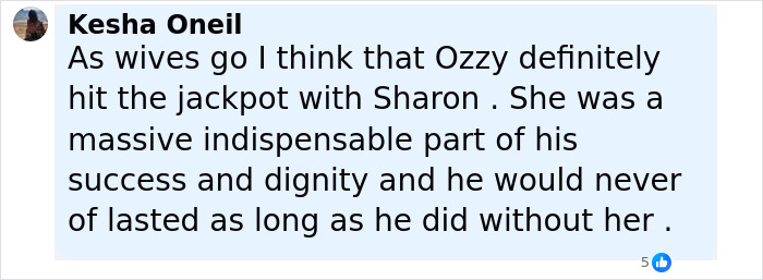 Comente elogiando a Sharon Osbourne por ser indispensable con el éxito y la dignidad de Ozzy antes de su fallecimiento