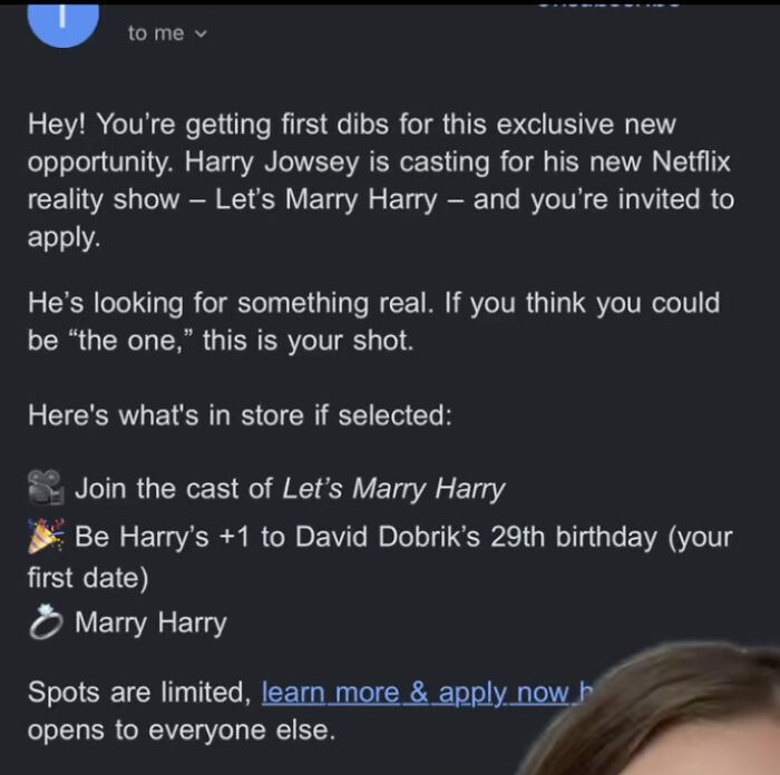 Correo electrónico desde el casting de Netflix para el reality show vamos a casarnos con Harry buscando mujeres hasta la fecha a la estrella australiana Harry Jowsey.