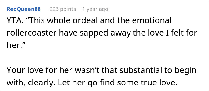Captura de pantalla de un comentario de Reddit discutiendo las luchas emocionales después de la lesión y los planes de ruptura de una prometida.
