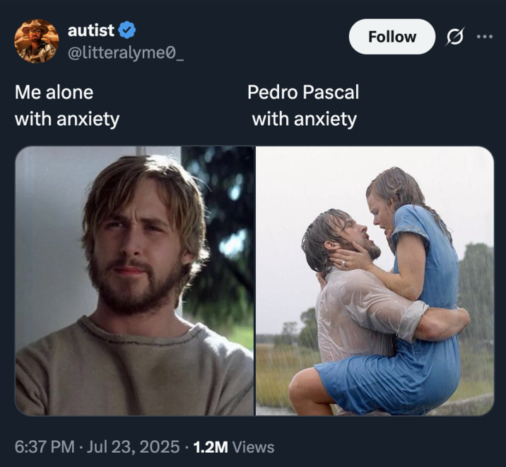 Yo solo con ansiedad vs. Pedro Pascal con ansiedad Un meme comparando