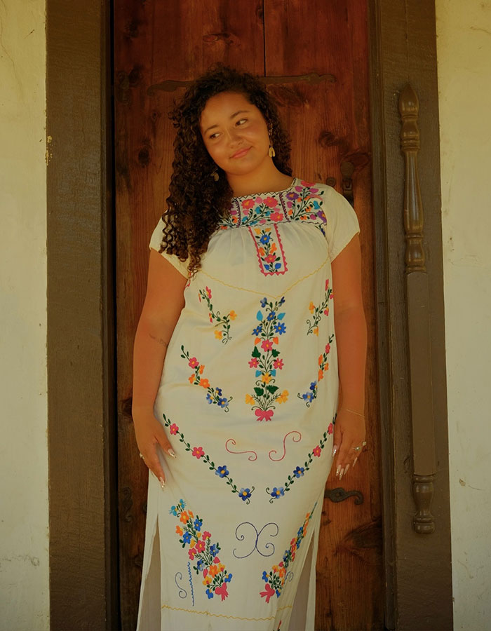 Mujer joven con cabello rizado en un vestido bordado floral de pie junto a la puerta de madera, relacionado con el abogado de productos y el caso de lesiones.