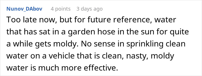 Comentario discutiendo agua mohosa en una manguera de jardín utilizada para la limpieza de vehículos involucrados en la disputa de bloqueo de la entrada.