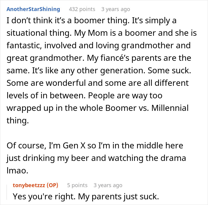 Captura de pantalla de una discusión sobre padres modernos y diferencias generacionales con reacciones mixtas en línea.
