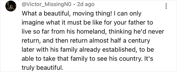 Tweet expresa emoción sobre una mujer que visita la casa familiar 46 años después de que papá se fue, describiendo una experiencia de reunión familiar en movimiento.